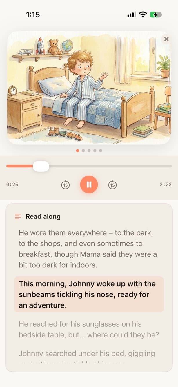 Ember app playing an illustrated bedtime story with read-along text