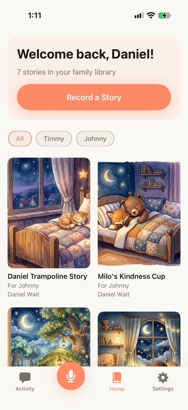 Ember app bookshelf showing a family's recorded bedtime stories